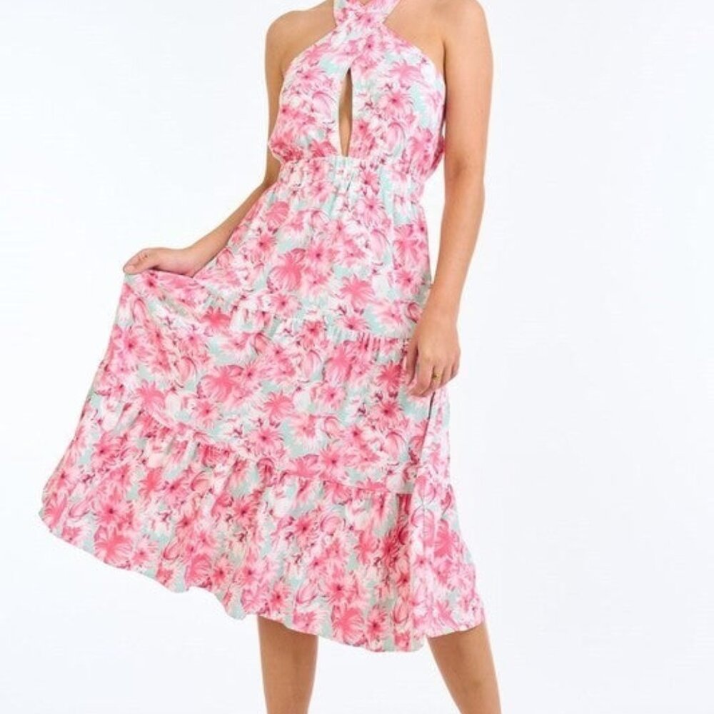 L Love halter summer tropical Midi length dress